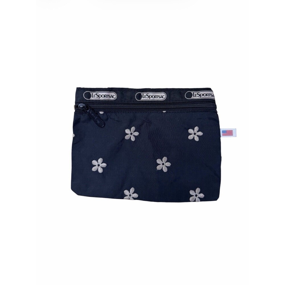 LeSportSac Black Beige Embroidered Flower Floral Cosmetic Clutch One Zipper